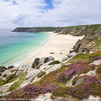 Buy canvas prints of Porthcurno beach from Treen Cliffs, Cornwall by Justin Foulkes