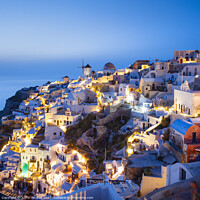 Buy canvas prints of Oia at night Santorini, Greece by Justin Foulkes