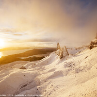 Buy canvas prints of Winter view of The Old Man of Storr at sunrise by Justin Foulkes