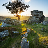 Buy canvas prints of Emsworthy Rocks sunset, Dartmoor by Justin Foulkes