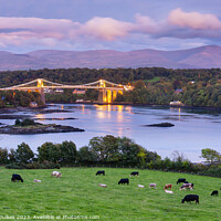 Buy canvas prints of Menai bridge at night, Anglesey, Wales by Justin Foulkes