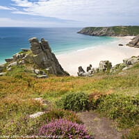 Buy canvas prints of Pednvounder and Porthcurno beaches from Treen Clif by Justin Foulkes