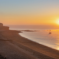 Buy canvas prints of Sunrise over the beach at Budleigh Salterton by Justin Foulkes