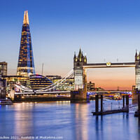 Buy canvas prints of The Shard and Tower Bridge at dusk, London by Justin Foulkes