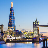 Buy canvas prints of The Shard and Tower Bridge at dusk, London by Justin Foulkes