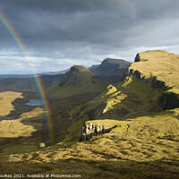 Buy canvas prints of Rainbow over the Trotternish ridge, Isle of Skye by Justin Foulkes