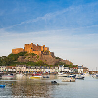 Buy canvas prints of Mont Orgueil and the harbour of Gorey, Jersey, Cha by Justin Foulkes