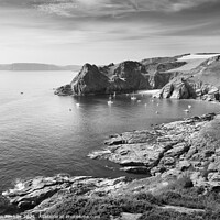 Buy canvas prints of Gammon Head in black and white, near Prawle Point, by Justin Foulkes