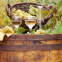 Buy canvas prints of white wine and grape on wooden barrel by goce risteski