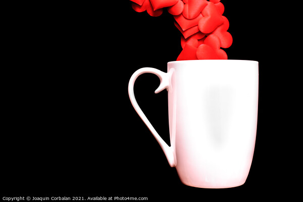Red hearts come out of a white cup full of love, isolated on bla Picture Board by Joaquin Corbalan