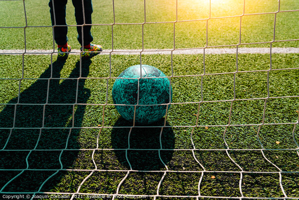 Soccer ball entering a goal defended by a goalkeeper, copy space Picture Board by Joaquin Corbalan