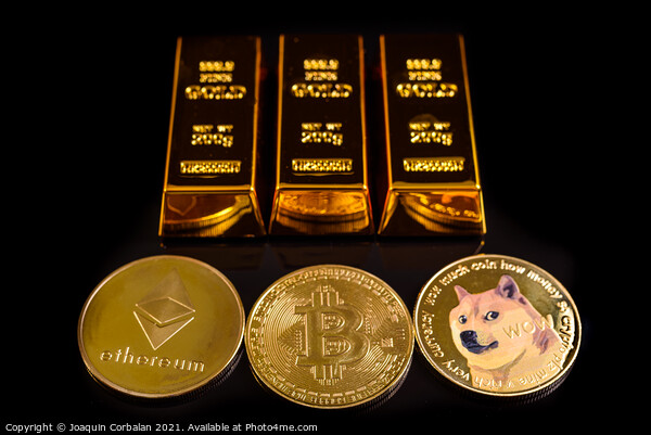 Several cryptocurrencies next to gold bars, the future of defi,  Picture Board by Joaquin Corbalan