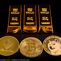 Buy canvas prints of Several cryptocurrencies next to gold bars, the future of defi,  by Joaquin Corbalan