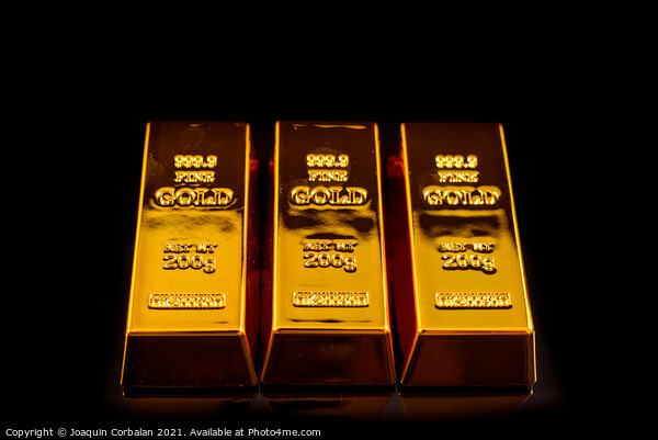 Gold bars isolated on black studio background, safe haven value  Picture Board by Joaquin Corbalan