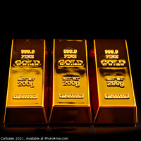 Buy canvas prints of Gold bars isolated on black studio background, safe haven value  by Joaquin Corbalan