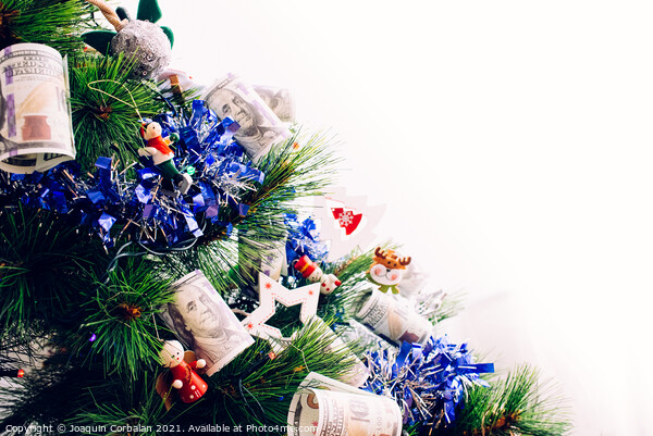 Detail of christmas tree with decorations and dollar bills wishi Picture Board by Joaquin Corbalan
