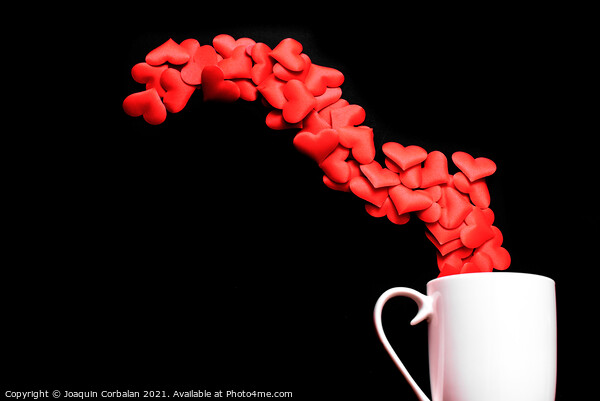White mug with spilled loving hearts, isolated on black backgrou Picture Board by Joaquin Corbalan