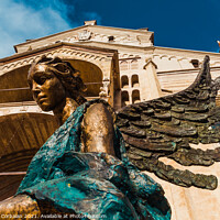 Buy canvas prints of The Blue Angel, sculpture seen from below, at the main entrance  by Joaquin Corbalan