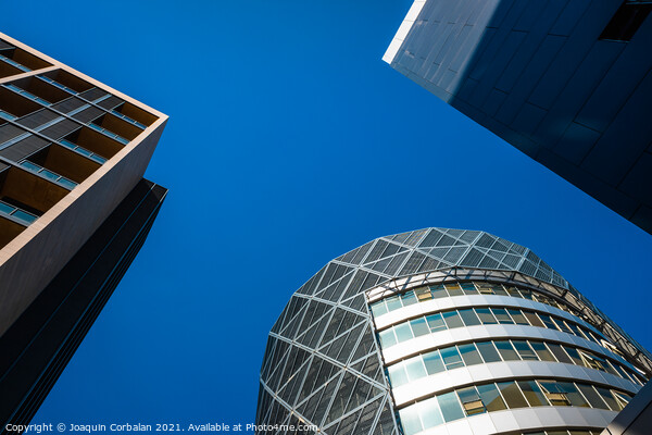 Tall office buildings, viewed from below, modern and rounded, wi Picture Board by Joaquin Corbalan