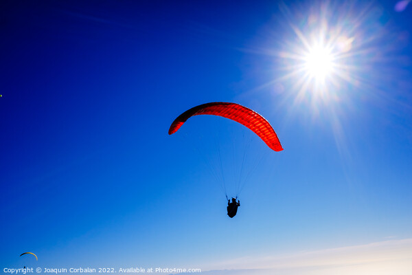 Paragliding above mountain peaks and white clouds during winter  Picture Board by Joaquin Corbalan