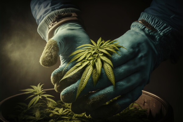 A grower carefully collects cannabis leaves between his hands to Picture Board by Joaquin Corbalan