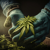 Buy canvas prints of A grower carefully collects cannabis leaves between his hands to by Joaquin Corbalan