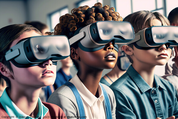 A group of children in class use virtual reality glasses to inte Picture Board by Joaquin Corbalan