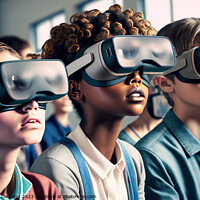 Buy canvas prints of A group of children in class use virtual reality glasses to inte by Joaquin Corbalan