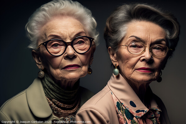 Studio portrait of two elderly sister ladies with  Picture Board by Joaquin Corbalan