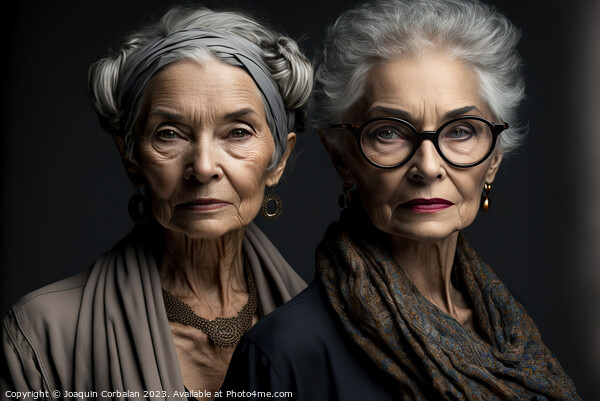 Studio portrait of two elderly sister ladies with  Picture Board by Joaquin Corbalan