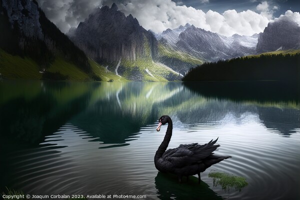 Painting of a beautiful black swan at sunset in a lake between m Picture Board by Joaquin Corbalan