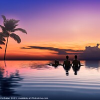 Buy canvas prints of Illustration of a couple watching the tropical sunset in an infi by Joaquin Corbalan