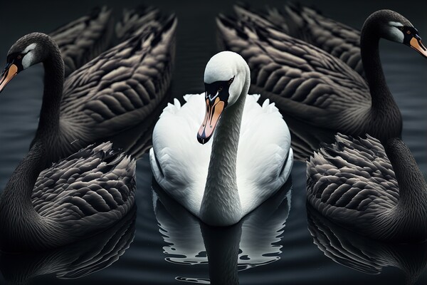 Illustration of a white swan with black ones, conc Picture Board by Joaquin Corbalan
