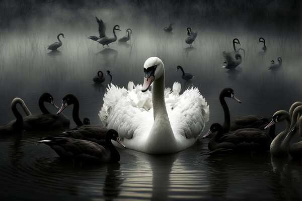 Illustration of a white swan with black ones, conc Picture Board by Joaquin Corbalan