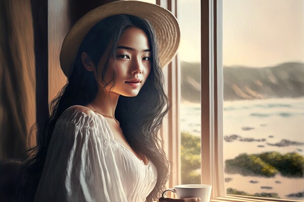 Beautiful young asian woman drink morning coffee waking up looki Picture Board by Joaquin Corbalan
