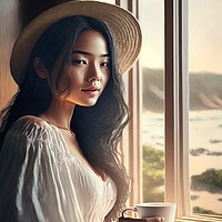 Buy canvas prints of Beautiful young asian woman drink morning coffee waking up looki by Joaquin Corbalan