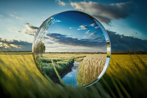 Conceptual image of a mirror reflecting crops in a cereal field  Picture Board by Joaquin Corbalan