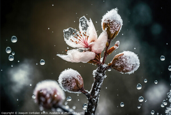 Snowflakes and ice cover the first buds of fruit-b Picture Board by Joaquin Corbalan