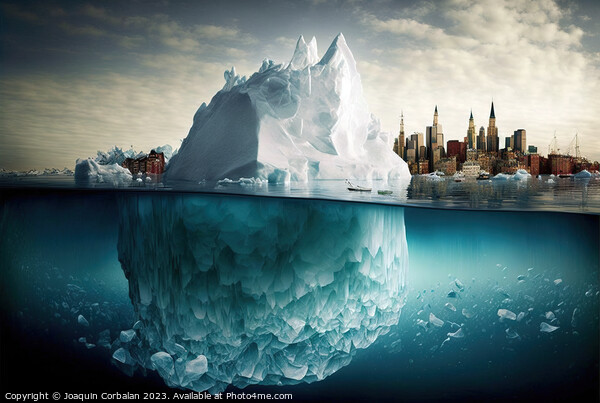 Illustration of an iceberg reaching a city, concep Picture Board by Joaquin Corbalan