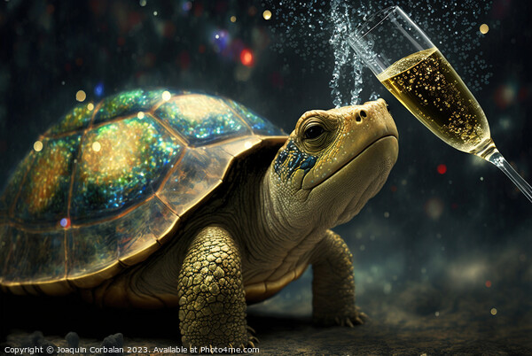 A cute turtle tries to drink champagne from a glas Picture Board by Joaquin Corbalan