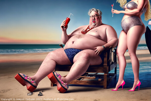 Ridiculous illustration of a man with a big belly, on the beach, Picture Board by Joaquin Corbalan