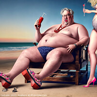Buy canvas prints of Ridiculous illustration of a man with a big belly, on the beach, by Joaquin Corbalan