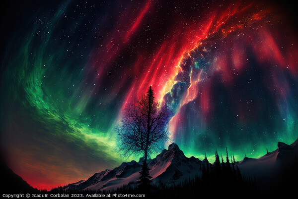Aurora borealis, illustration, over a Nordic fores Picture Board by Joaquin Corbalan