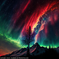Buy canvas prints of Aurora borealis, illustration, over a Nordic fores by Joaquin Corbalan