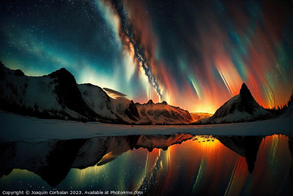 Aurora borealis, illustration, over a Nordic forest. Ai generate Picture Board by Joaquin Corbalan