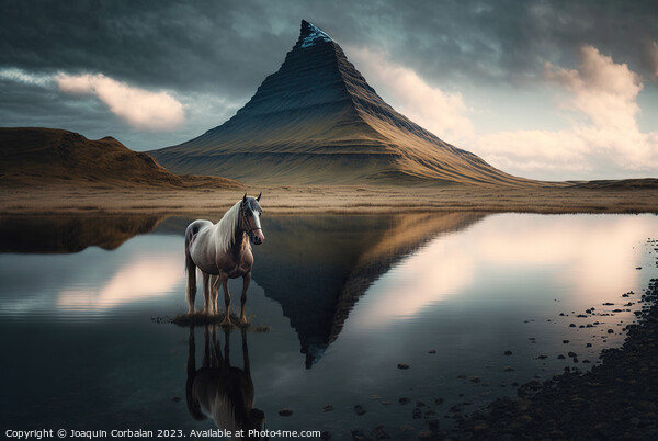 Oil canvas of an Icelandic horse in a lake, next t Picture Board by Joaquin Corbalan