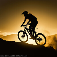 Buy canvas prints of A mountain biker speeding down a ramp, silhouetted by Joaquin Corbalan
