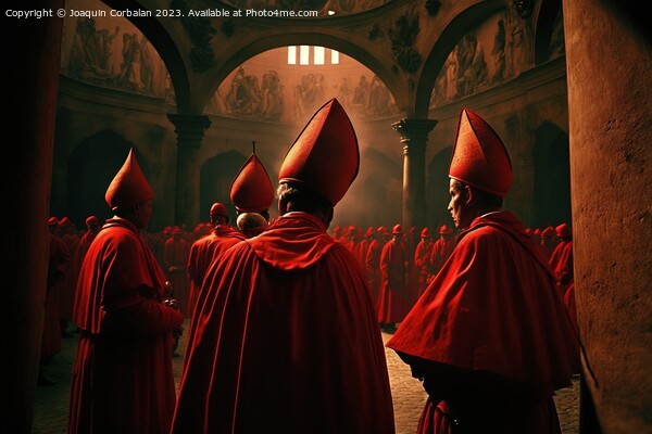 Gathered cardinals and bishops discuss the election of a new Pop Picture Board by Joaquin Corbalan