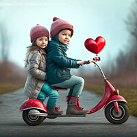 Buy canvas prints of A boy and a girl ride a vintage motorcycle, with a romantic and  by Joaquin Corbalan