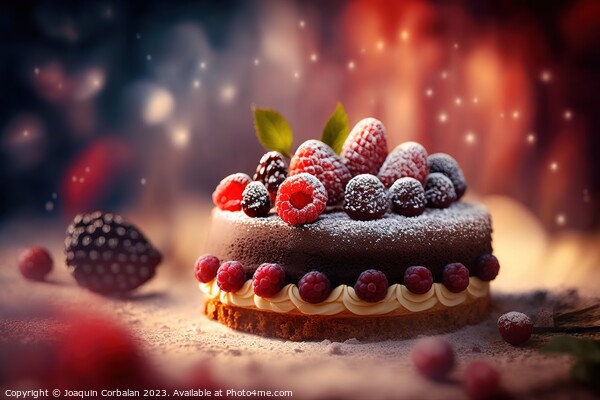 Delicious fruit and cream cake, on a background with defocused r Picture Board by Joaquin Corbalan